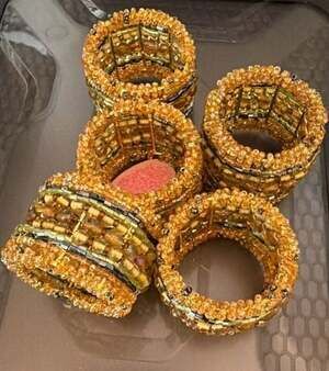 GOLD and Orange NAPKIN RINGS. Beaded Napkin Rings. From the 70's.